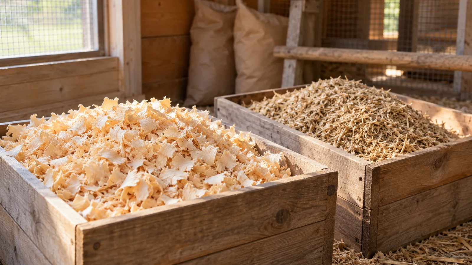 Pale pine shavings and loose hemp bedding in wooden bins inside a backyard chicken coop