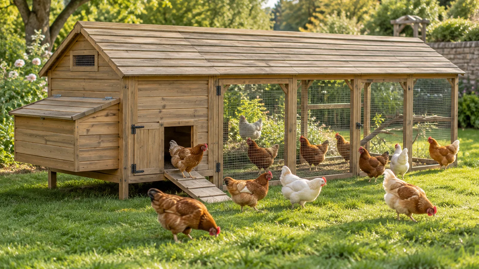 11 Best Chicken Coops for 10 Chickens for 2026 1 Large wooden chicken coop with a wire-mesh run and about ten hens on a sunny backyard lawn