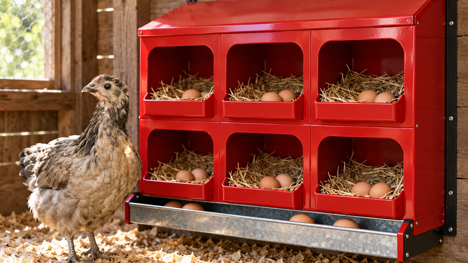 Two wooden nesting boxes for chickens with straw bedding and brown eggs inside a backyard coop