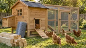 How Much to Build a Chicken Coop for Your Flock 2 Wooden chicken coop with wire mesh run, six brown hens on a lawn, stacked lumber and hardware cloth beside it