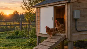 Automatic chicken door with a light sensor on a wooden coop at dusk, hens on the ramp