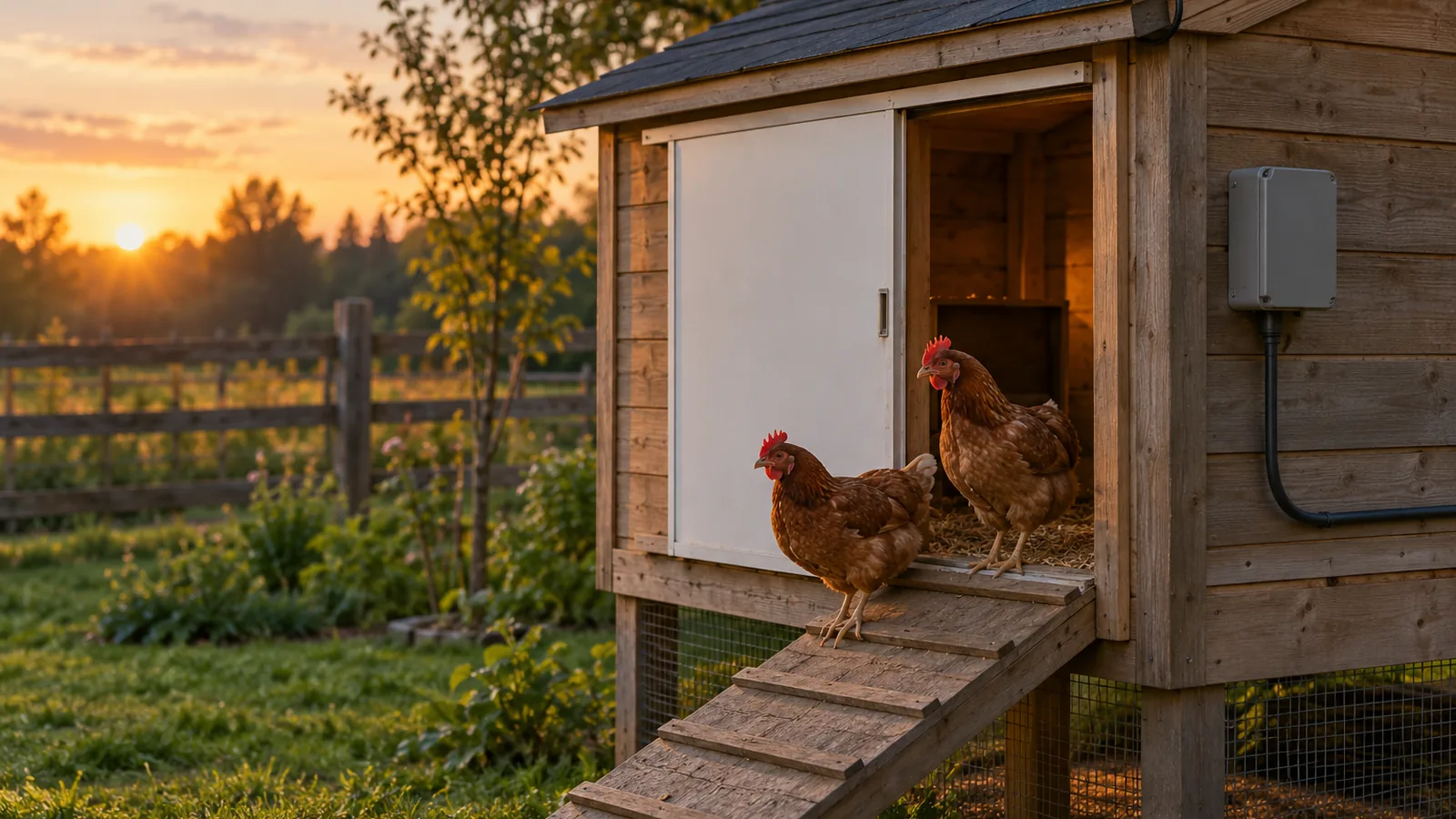 Light Sensor vs Timer Automatic Chicken Door: Which? 1 Automatic chicken door with a light sensor on a wooden coop at dusk, hens on the ramp