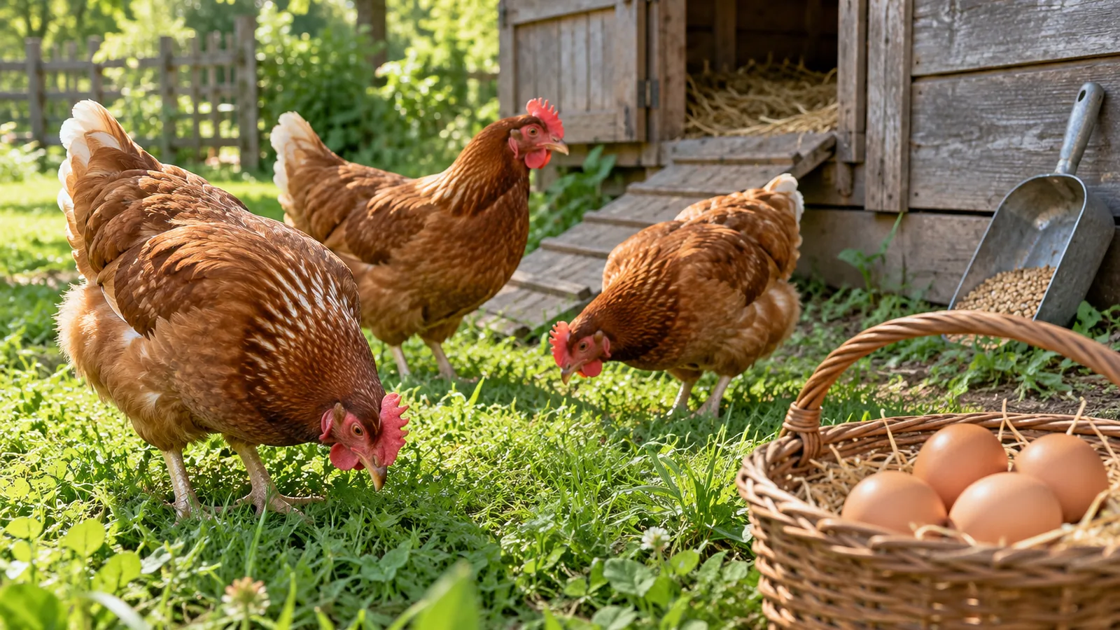 Brown hens foraging on grass beside a wooden coop, with a basket of brown eggs in the foreground