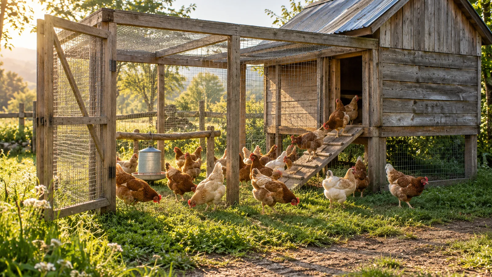Large wooden chicken coop with an attached wire run, with about fifteen hens scratching in the grass